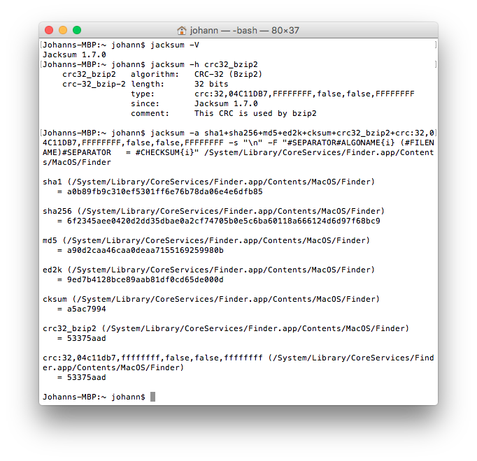 Jacksum auf der Kommandozeile unter OS X